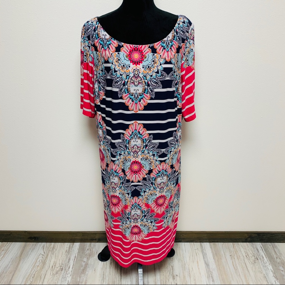Eliza J Pink Navy Striped Floral Midi Dress 20W